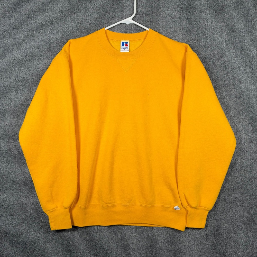 Vintage 90s Russell Athletic Sweatshirt Mens L Yellow Blank Crewneck Made in USA